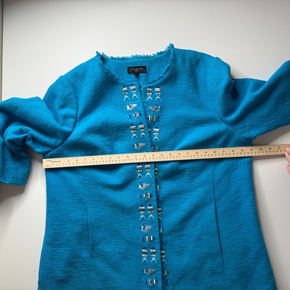 Talbots Fish Beaded Embellished Tweed Jacket Size 18W Blue Open Front Preppy - Picture 9 of 9